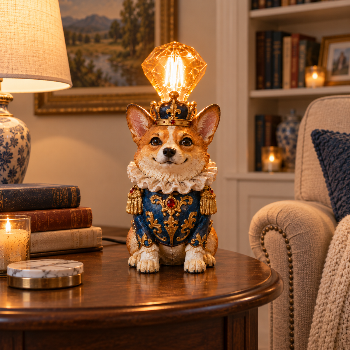 Corgi King royal animal resin lamp with warm glowing faceted light
