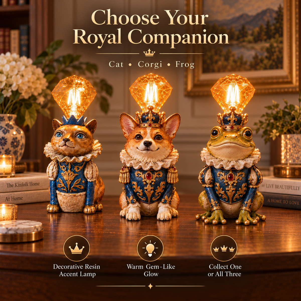 Crowned Companions Royal Cat Corgi King and Frog Prince resin accent lamps