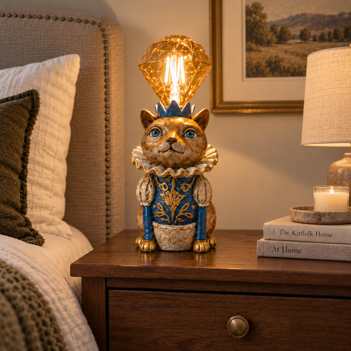 Royal Cat resin accent lamp glowing on a bedside table
