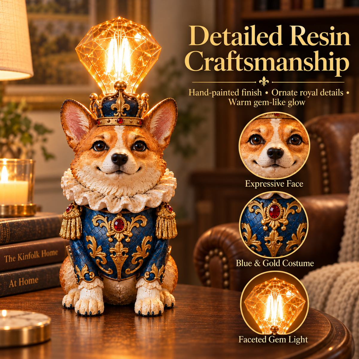 Close-up details of Corgi King resin craftsmanship and faceted gem light